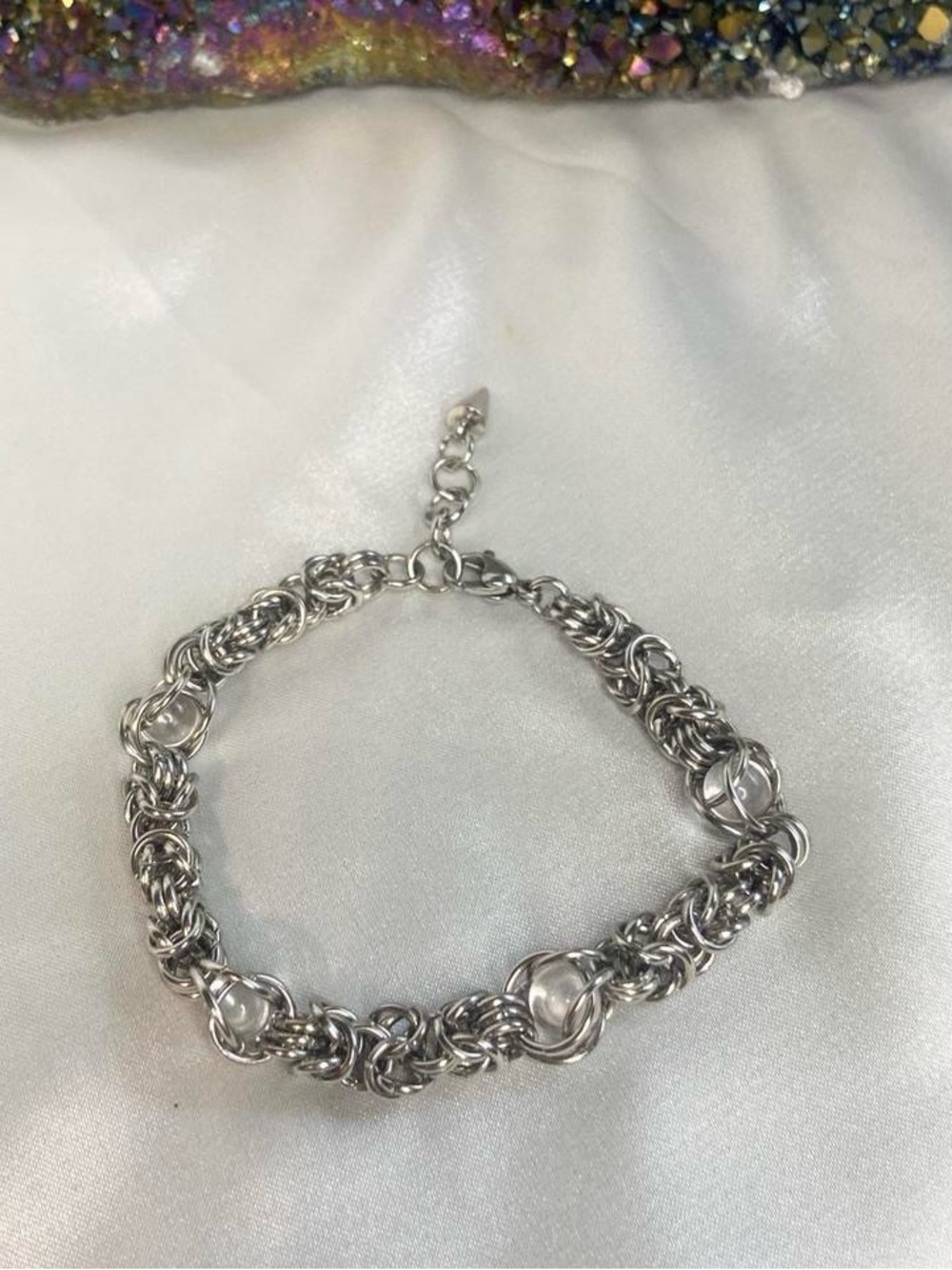Genuine clear quartz Crystal sphere gemstone stainless steel bracelet